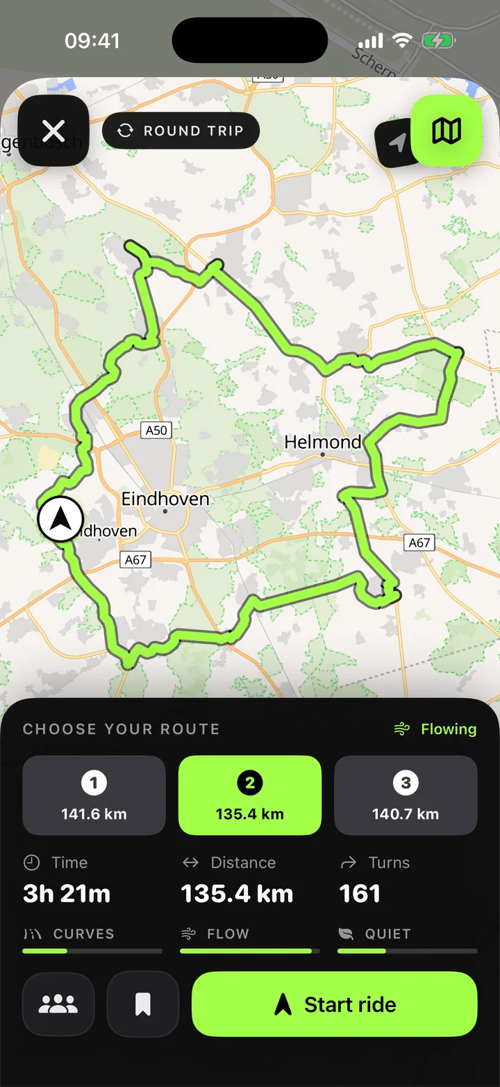 Three route options for a loop around Eindhoven and Helmond