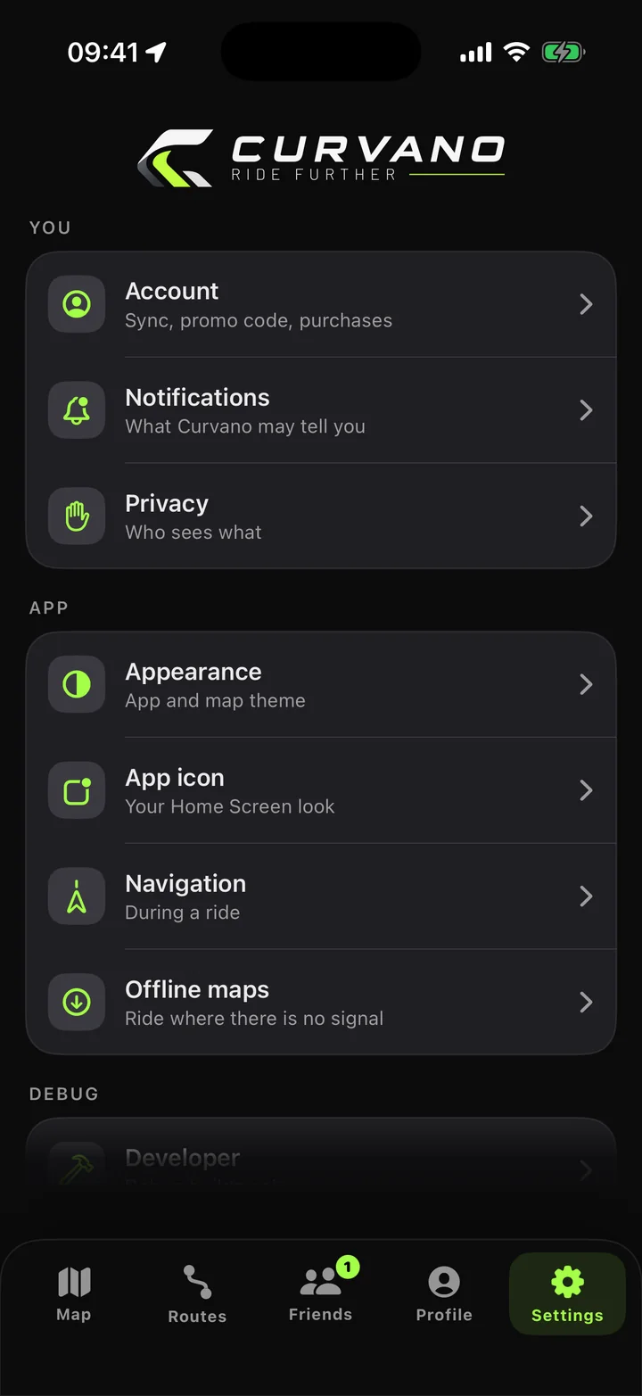 Settings with account, notifications, privacy and appearance